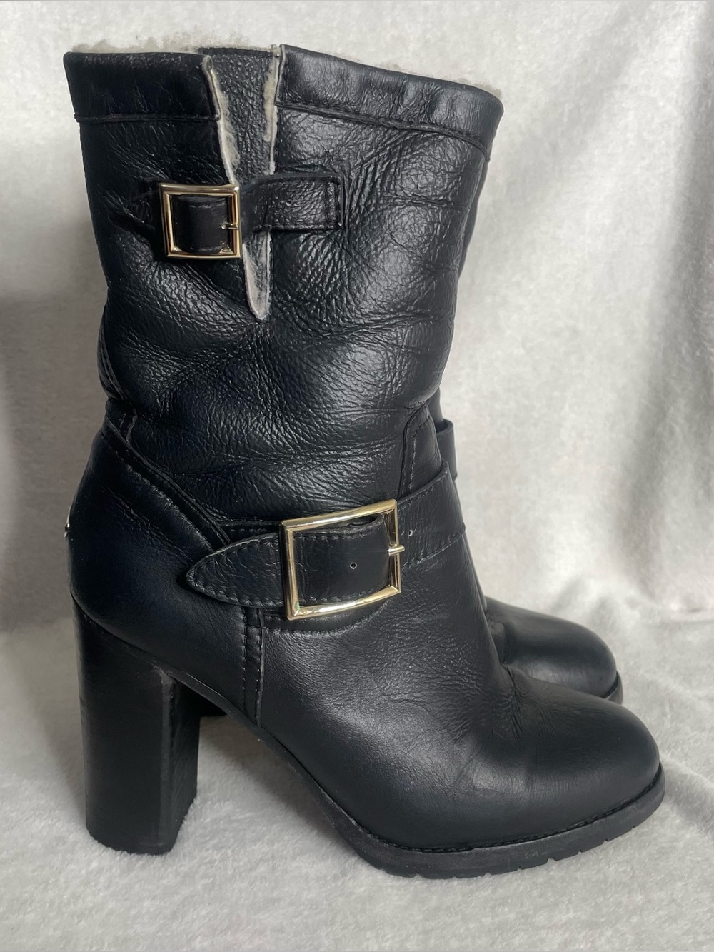 Jimmy Choo Dart Moto Biker Black Leather Shearling Lined Heel Booties Size 38.5